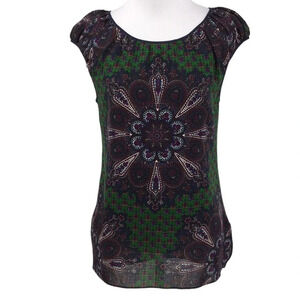 Charlotte Brody Blouse Womens XS Green Blue‎ Wool Boho Top Lined Medallion